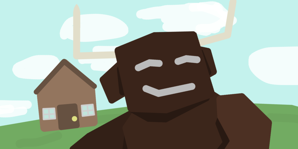 Yak character standing near a house